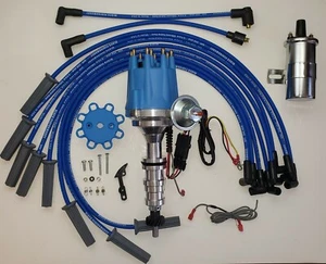 FORD FE 390 427 428 SMALL BLUE CAP HEI DISTRIBUTOR + 8.5mm WIRES + CHROME COIL - Picture 1 of 2