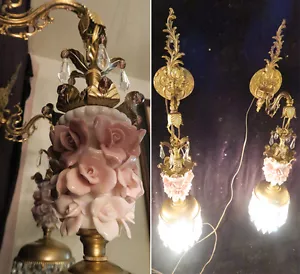 2 Wandleuchte Messing Bronze Rosa Rose Vintage Porzellan Perlen Rokoko - Bild 1 von 12