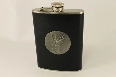 Vintage Deer Hunting Hip Flask 8 Oz Leather Covered - Image 1 of 4