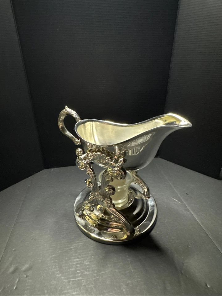 老式镀银肉汁船带暖架(精神燃烧器) — 第 1/4 张图片