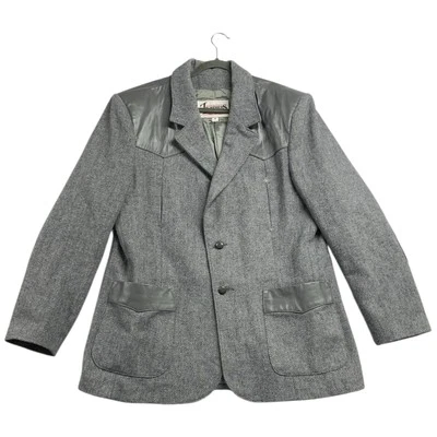 Blazer vintage "couros de diamante" 48 longo cinza mistura de lã acabamento de couro casaco - Imagem 1 de 4