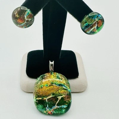 Artisan Boho MCM Galaxy Dichroic Art Glass Pendant Post Earring Set Amber Green - Image 1 of 4