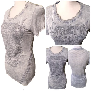 Y2k Affliction t Shirt S "Live Fast Lost Souls" Gray Burnout Crochet Embroidery - Picture 1 of 13