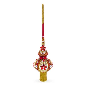 Dimensional Red Jewels and White Pearls on Red Blown Glass Tree Topper 11 Inches - Picture 1 of 4