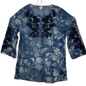 Chicos Tunic Top Blue Floral Embroidered 3/4 Sleeve Boho Casual Blouse SZ 2 - Picture 1 of 4