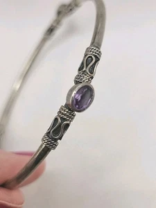 Vtg Sterling 925 Amethyst Bangle Bracelet Gemstone Scrollwork Handmade Art 11g - Picture 1 of 7