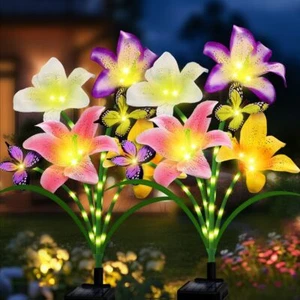 Solar Garden Lights 2 Pack with 8 lilies Outdoor Decorative flower Lights for... - Picture 1 of 8