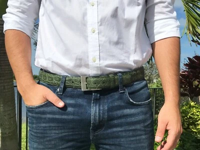 Cinturón de piel de cocodrilo genuino verde para hombre, hebilla italiana Foto 1 de 4