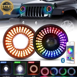 PAIR 7" RGB LED Headlights Demon Chasing DRL For 2007-2017 Wrangler JK Head Lamp - Picture 1 of 7