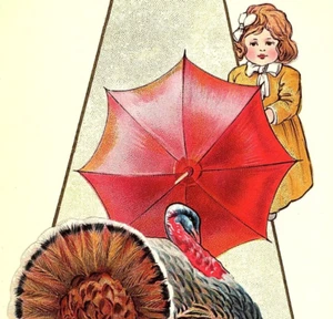 c.1920 Thanksgiving Postcard Turkey Attacking Girl w/ Red Umbrella Shield - Picture 1 of 3