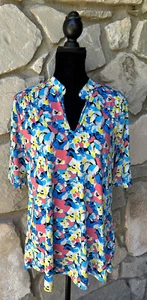 MADISON Tunic Top Large Multicolor Floral Easy Care Knit Hi Lo Hem Short Sleeve - Picture 1 of 8