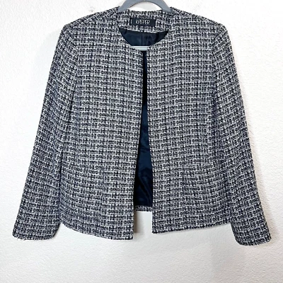 Kasper 14P Women Black Tweed Academia Preppy Office Open Blazer Suit Jacket - Image 1 of 4