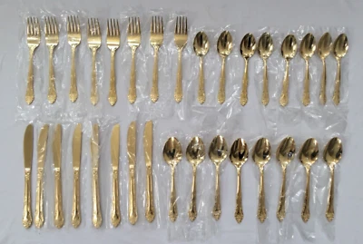 ROGERS DREAM ROSE 24 KARAT GOLD  PLATED STAINLES FLATWARE 32 PC SET JAPAN - Image 1 of 3