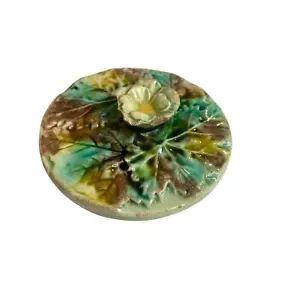 Antique Majolica Flower Leaf Teapot Lid 3.2 Inch Diameter Chipped - Picture 1 of 6