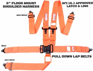 LATCH & LINK 5 POINT FLOOR MOUNT RACING HARNESS SIGNATURE SERIES SFI 16.1 ORANGE - Picture 1 of 8