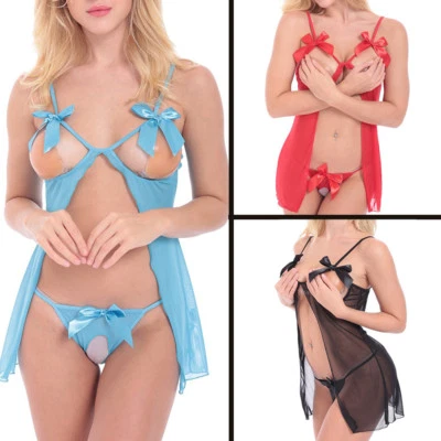 Conjunto de roupa de dormir feminina de lingerie sem virilha copo aberto babydoll com cordão G - Imagem 1 de 4