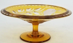 Antique Yellow Amber & Clear Bohemian Pedestal Dish rose Scene - Picture 1 of 5