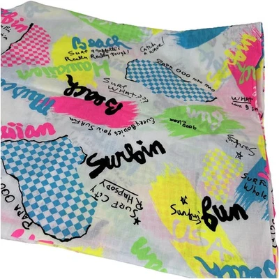 Vtg 80s Neon Fabric Surf Tropical Muscle Beach Graffiti Dude Retro 72” x 46” - Image 1 of 4