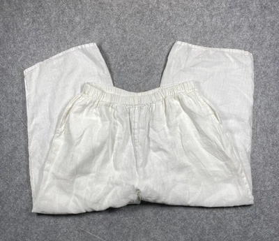 Flax Pants Womens 1G White Linen Elastic Waist Wide Leg Pockets Relaxed Fit - Image 1 of 4
