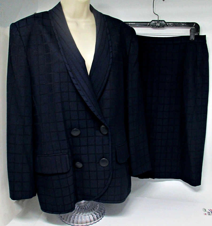 Винтажный 80-х Christian Dior черный DB шаль воротник выбитый куртка юбка костюм 14 - Изображение 1 из 4