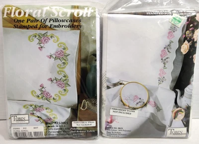 TOBIN Stamped Pillowcase LOT Embroidery Floral Scroll 232003 Heart Flower 300/51 - Image 1 of 4