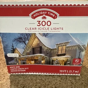 Holiday Time 300 COUNT WHITE WIRE CLEAR ICICLE LIGHTS Indoor / Outdoor NIB B4 - Picture 1 of 4