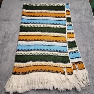 Vintage Hand Knit Afghan Blanket Throw Striped Boho Fringe Retro Home Decor - Picture 1 of 6