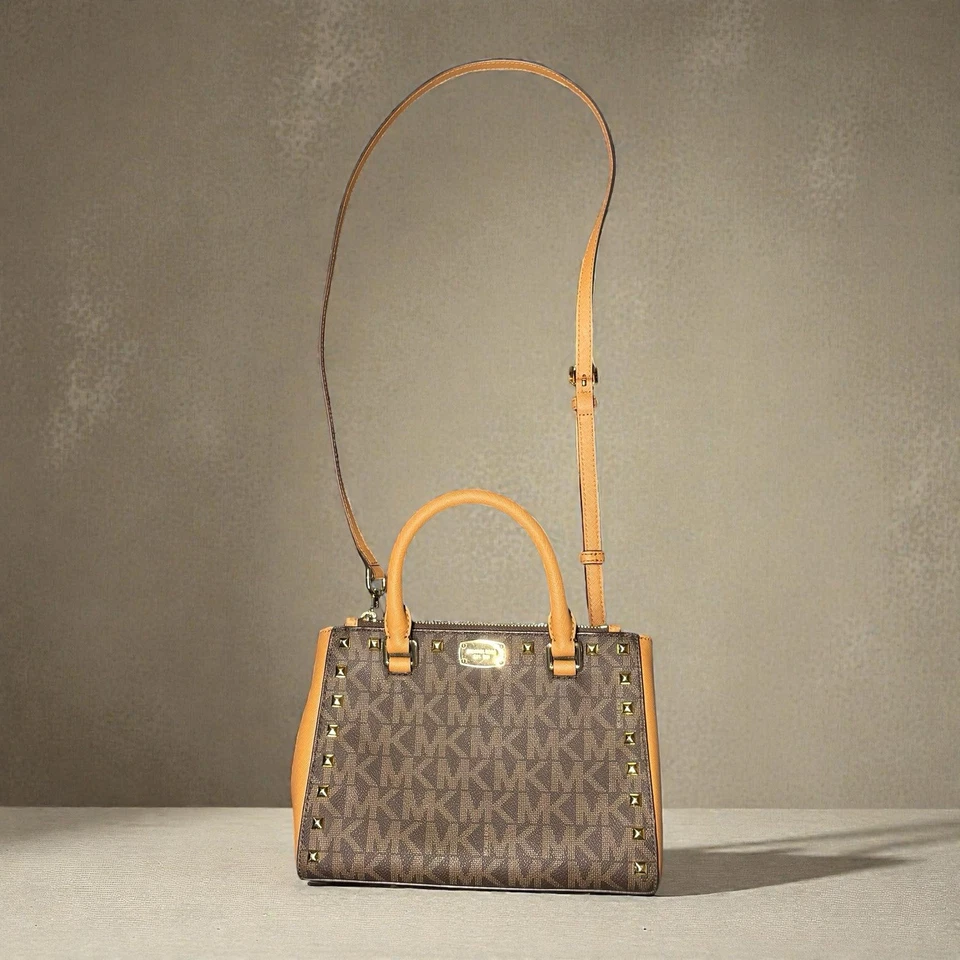 Michael Kors Kellen Stud MK Signature Brown XS Satchel Crossbody - Image 1 of 4