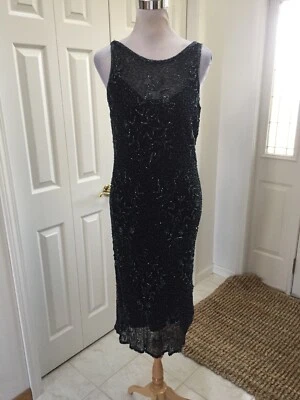 Vestido Scala 100% Seda Pesado Negro Cuentas Cortina Baja Espalda Formal XL Foto 1 de 4