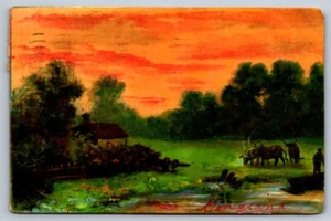 Divided Back International Postcard Painting Pastoral Scene Farm Cattle - Picture 1 of 2