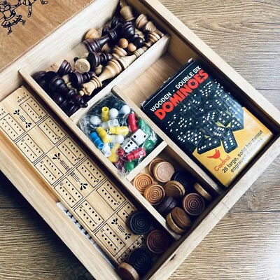 Vintage Classic Wooden Board Game Collection Box 41x31x8cm Retro Multi-Game Set - Image 1 of 4