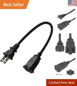 Compact 1ft Male-Female Power Cable - 125V/10A Extension Cord for Versatile Use - Picture 1 of 11