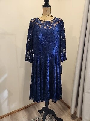 NWT B&A by Betsy & Adam  Women's Lace 3/4 Sleeve Dress Blue Flared 16W  - Image 1 of 4