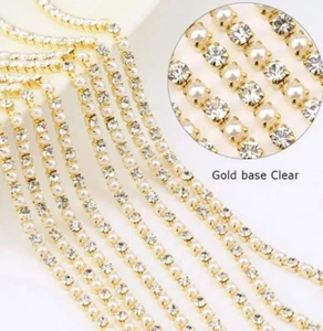 SS12 1M Crystal Rhinestones Close Chain Crystal Pearl Trim Gold Base - Foto 1 di 7