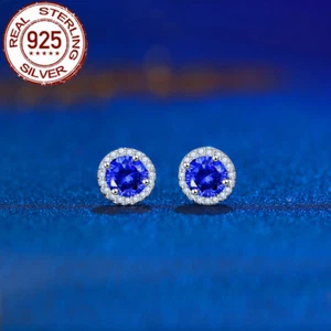 Tanzanite and White Topaz Halo Stud Earrings 925 Sterling Silver Women Jewelry - Picture 1 of 7