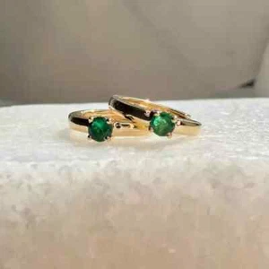 Gift Her Natural Emerald Hoop Earring 0.25 Ct Round Cut Solid 14K Yellow Gold - Picture 1 of 7