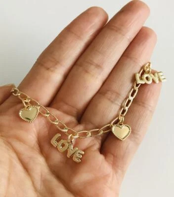 Tobillera Amor y Corazón Chapada en Oro 14K 9.75" Largo / Tobillera Amor, Corazón - A51 Foto 1 de 4