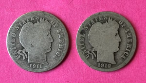 Lote de monedas de diez centavos Barber 1911 y 1912, dos circulados 90% PLATA, #SIL-BRB-006 - Imagen 1 de 4