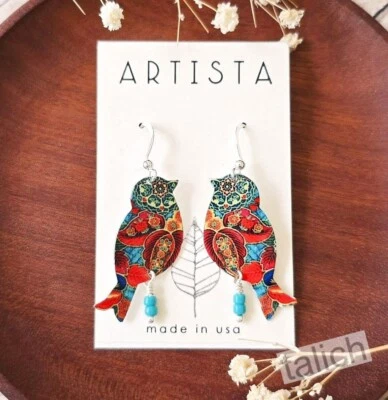 Artista Earrings Retro Multicolor Floral Bird of Paradise with Beads Unique Gift - Image 1 of 4