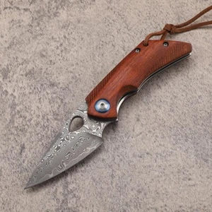 New VG-10 Damascus Steel Wood Handle Camping Pocket Folding Knife EDC D11 - Picture 1 of 8