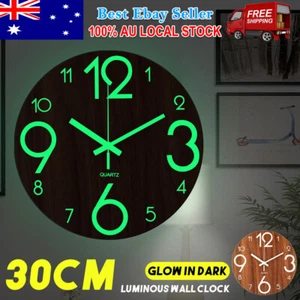 12" Wall Clock Luminous Wooden Quartz Round Silent Non Ticking Glow In the Dark - Picture 1 of 12