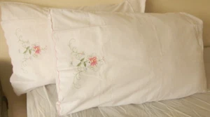 Pair Pillowcases 100% Cotton EMBROIDERED FLORALS Vintage New Decorative 28 x 17" - Picture 1 of 16