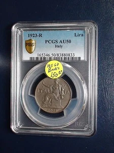 1923 R Italy One Lira PCGS AU50 1L Coin PRICED TO SELL RIGHT NOW! - Picture 1 of 4