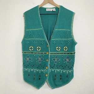 That’s Me! Vintage Women’s L Teal Knit Beaded Button V Neck Vest Casual Y2K - Picture 1 of 8