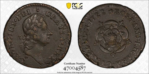 1722 Rosa American 1/2 Penny VTILEDVLC PCGS CERTIFIED VF Details Rare Colonial Cover