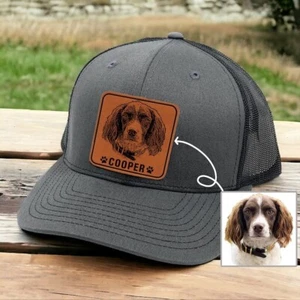 Custom Dog Photo Engraved Trucker Hat Leather Patch - Personalized Gift for Dad - Picture 1 of 6