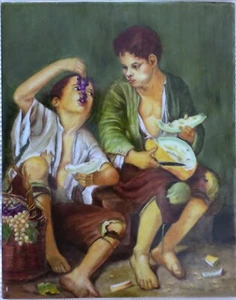 Hand painted art reproduction on ceramic tile of: "Boys Eating Grapes and Melon" - Picture 1 of 5