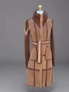 Gabardina de mujer vintage larga marrón gamuza y ganchillo cuello tortuga M - Imagen 1 de 15