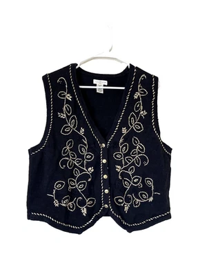 Vintage Yarnworks Black W/Gold & Floral Beaded Sweater Vest Women’s 2XL - Image 1 of 4