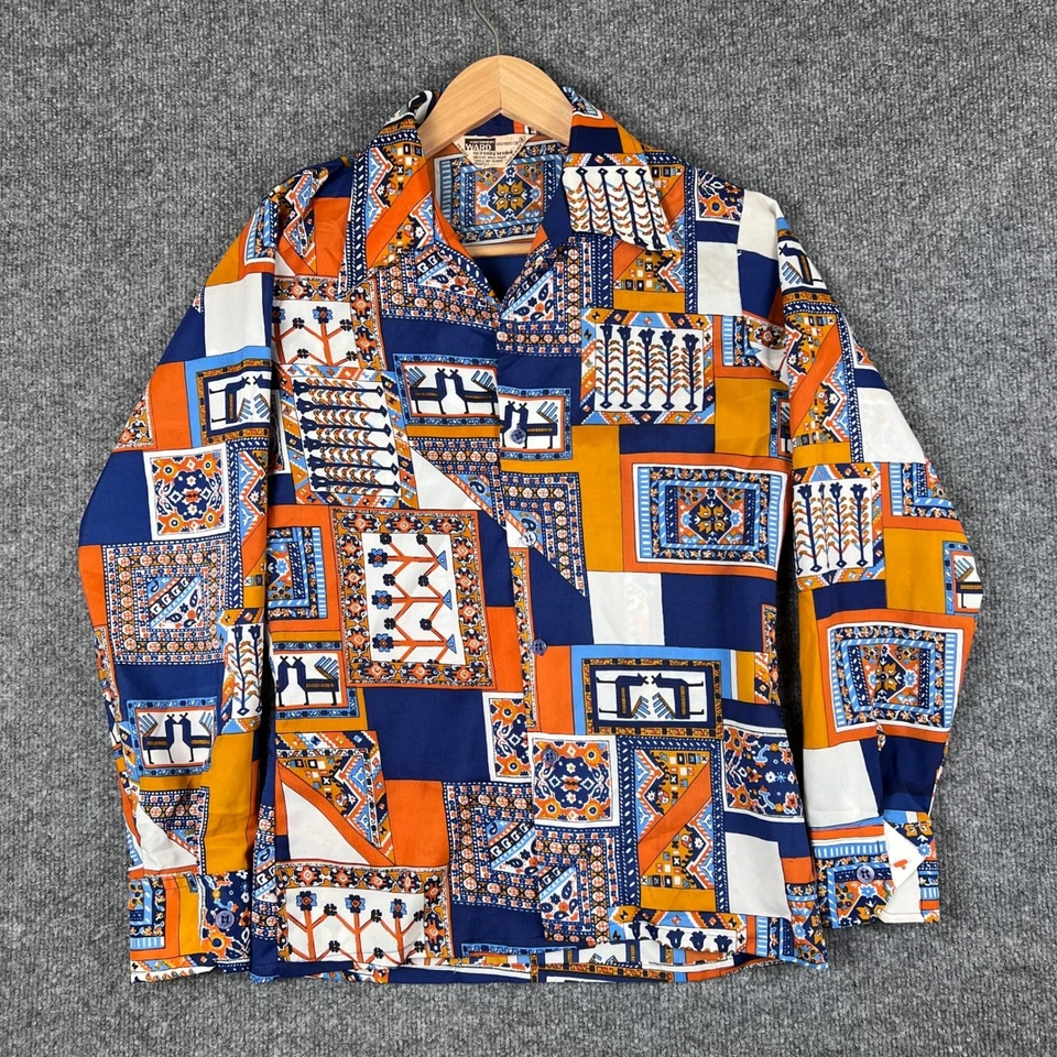 Vintage Montgomery Ward Shirt Mens S Abstract Art Geometric Disco Dagger 70s - Image 1 of 4